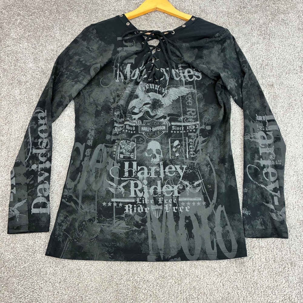 Harley Davidson Top Womens Extra Large Skull Eagle Lace Up Biker Deadwood